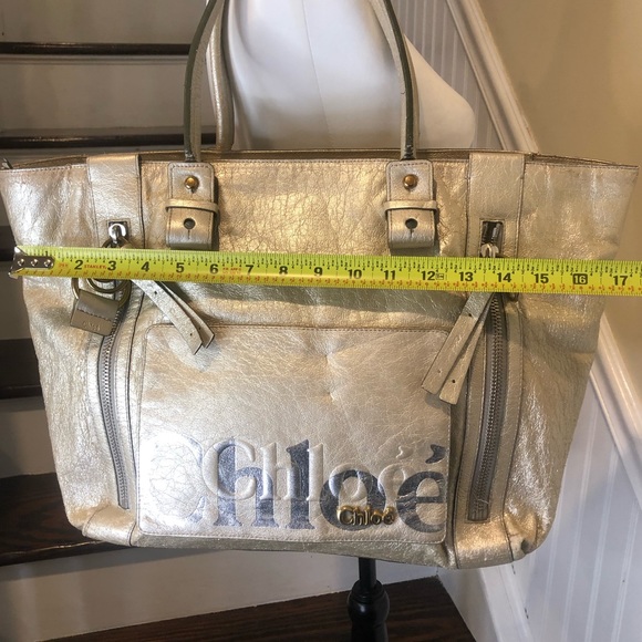 CHLOE Eclipse Oversized Ivory Silver Gold Tote Shoulder Bag Exterior Zip Pockets - Picture 12 of 17